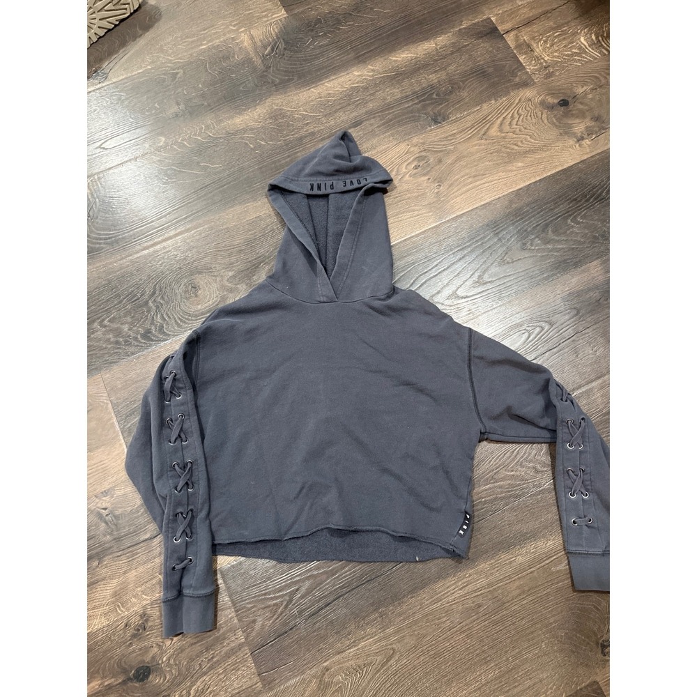 PINK Victoria's Secret Cropped Hoodie Lace Up Sleeves Gray Size Small